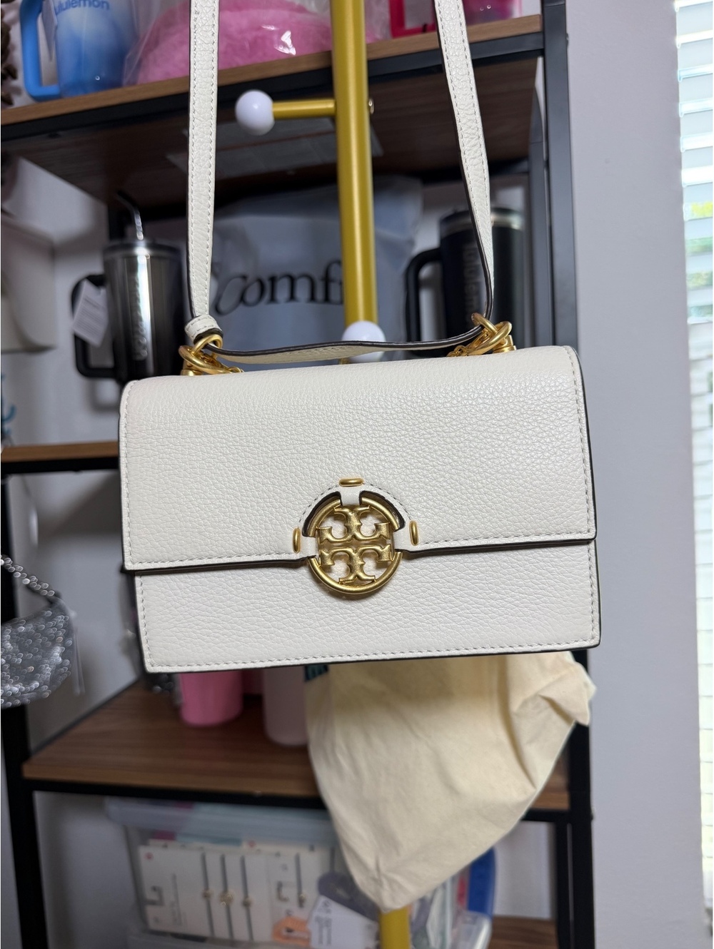 Tory Burch Miller Mini Shoulder Bag White Pebbled Leather Gold Logo NWOT